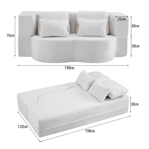 Sofá-cama de 2 lugares - moderno, com 4 almofadas e colchão dobrável de espuma de alta densidade - branco Sofá-cama de 2 lugares - moderno, com 4 almofadas e colchão dobrável de espuma de alta densidade - branco