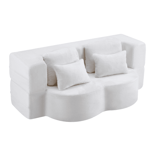 Sofá-cama de 2 lugares - moderno, com 4 almofadas e colchão dobrável de espuma de alta densidade - branco Sofá-cama de 2 lugares - moderno, com 4 almofadas e colchão dobrável de espuma de alta densidade - branco
