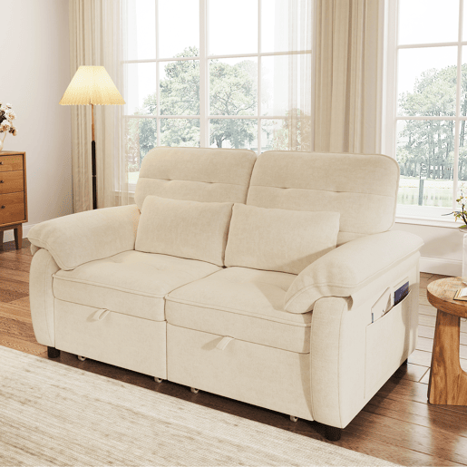 Sofá-cama de 2 lugares - 3 em 1, dobrável, encosto reclinável, função cama, porta USB, tecido felpudo - bege Sofá-cama de 2 lugares - 3 em 1, dobrável, encosto reclinável, função cama, porta USB, tecido felpudo - bege
