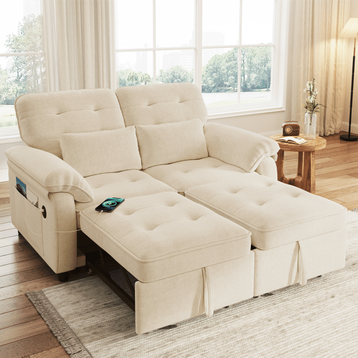 Sofá-cama de 2 lugares - 3 em 1, dobrável, encosto reclinável, função cama, porta USB, tecido felpudo - bege Sofá-cama de 2 lugares - 3 em 1, dobrável, encosto reclinável, função cama, porta USB, tecido felpudo - bege