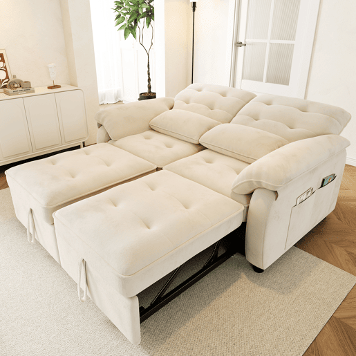 Sofá-cama de 2 lugares - 3 em 1, dobrável, encosto reclinável, função cama, porta USB, tecido felpudo - bege Sofá-cama de 2 lugares - 3 em 1, dobrável, encosto reclinável, função cama, porta USB, tecido felpudo - bege