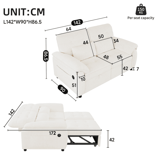 Sofá-cama de 2 lugares - 3 em 1, dobrável, encosto reclinável, função cama, porta USB, tecido felpudo - bege Sofá-cama de 2 lugares - 3 em 1, dobrável, encosto reclinável, função cama, porta USB, tecido felpudo - bege