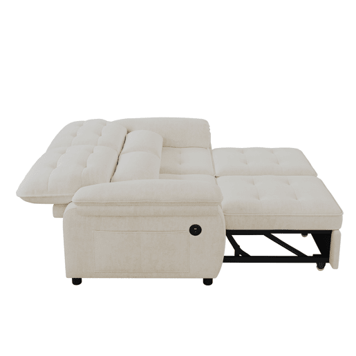 Sofá-cama de 2 lugares - 3 em 1, dobrável, encosto reclinável, função cama, porta USB, tecido felpudo - bege Sofá-cama de 2 lugares - 3 em 1, dobrável, encosto reclinável, função cama, porta USB, tecido felpudo - bege