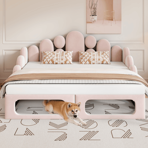 Sofá-cama estofado 180x200 - multifuncional 2 em 1, com cama para animais de estimação, tecido de veludo, base de colchão e encosto - rosa