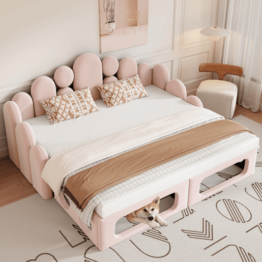 Sofá-cama estofado 180x200 - multifuncional 2 em 1, com cama para animais de estimação, tecido de veludo, base de colchão e encosto - rosa