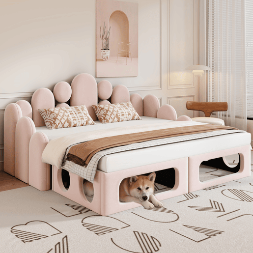 Sofá-cama estofado 180x200 - multifuncional 2 em 1, com cama para animais de estimação, tecido de veludo, base de colchão e encosto - rosa