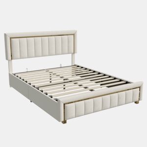 Cama de casal (160×200 cm), em veludo Beige, com baú u2014 cama de estilo moderno para quarto