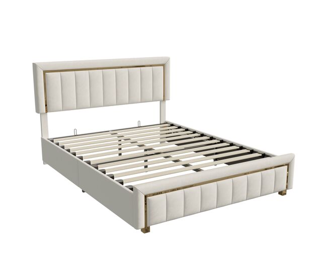 Cama doble de terciopelo beige (160 × 200 cm) con espacio de almacenamiento — cama de estilo moderno para dormitorio