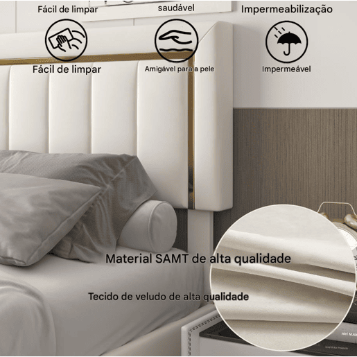 Cama de casal (160×200 cm), em veludo Beige, com baú u2014 cama de estilo moderno para quarto