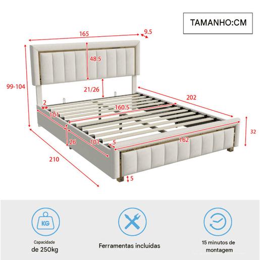 Cama de casal (160×200 cm), em veludo Beige, com baú u2014 cama de estilo moderno para quarto