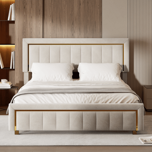 Cama de casal (160×200 cm), em veludo Beige, com baú u2014 cama de estilo moderno para quarto
