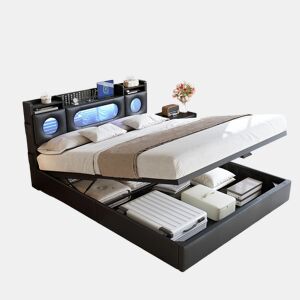 Cama de casal de 160×200 cm, LED, USB, Tipo-C, cabeceira elevável com espaço de arrumação e baú por baixo da cama: cama de estilo moderno, cor preta