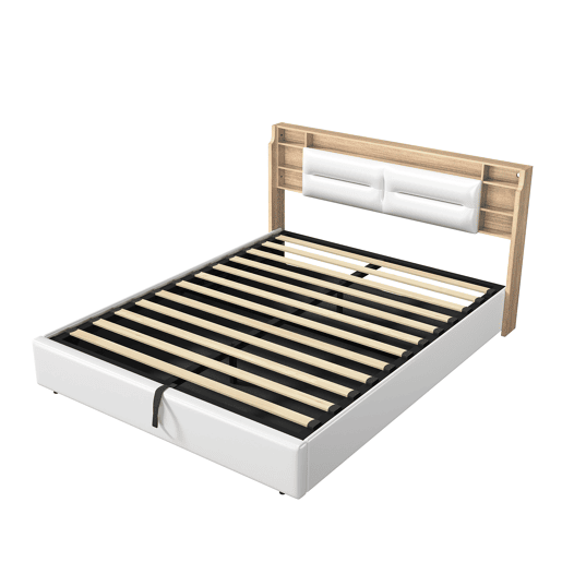 Cama de casal, 160x200 cm, LED, com função de arrumação inclui estrado de ripas e espaço de arrumação cor branca Cama de casal, 160x200 cm, LED, com função de arrumação inclui estrado de ripas e espaço de arrumação cor branca