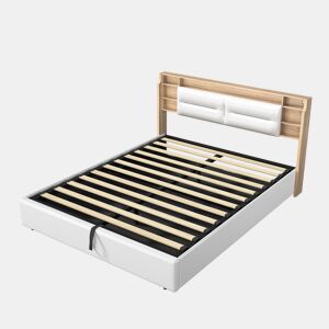 Cama de casal, 160x200 cm, LED, com função de arrumação inclui estrado de ripas e espaço de arrumação cor branca