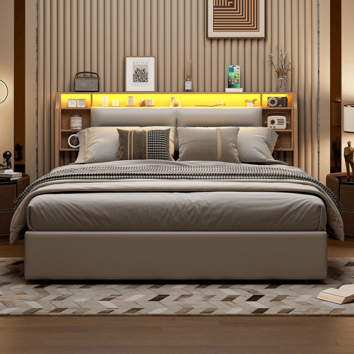 Cama de casal, 160x200 cm, LED, com função de arrumação inclui estrado de ripas e espaço de arrumação cor branca Cama de casal, 160x200 cm, LED, com função de arrumação inclui estrado de ripas e espaço de arrumação cor branca