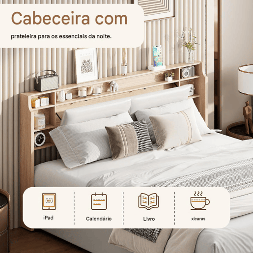 Cama de casal, 160x200 cm, LED, com função de arrumação inclui estrado de ripas e espaço de arrumação cor branca Cama de casal, 160x200 cm, LED, com função de arrumação inclui estrado de ripas e espaço de arrumação cor branca
