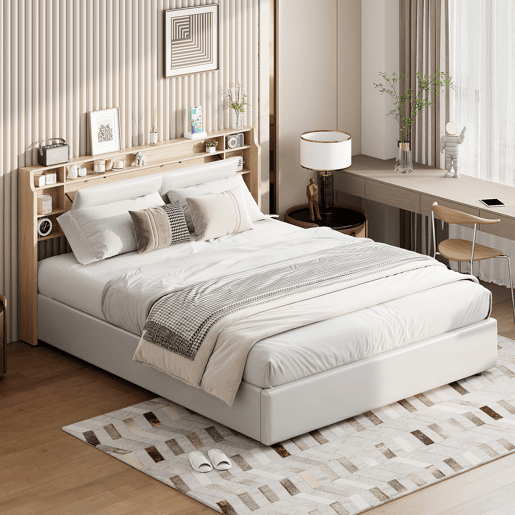 Cama de casal, 160x200 cm, LED, com função de arrumação inclui estrado de ripas e espaço de arrumação cor branca Cama de casal, 160x200 cm, LED, com função de arrumação inclui estrado de ripas e espaço de arrumação cor branca