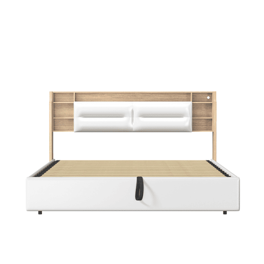 Cama de casal, 160x200 cm, LED, com função de arrumação inclui estrado de ripas e espaço de arrumação cor branca Cama de casal, 160x200 cm, LED, com função de arrumação inclui estrado de ripas e espaço de arrumação cor branca