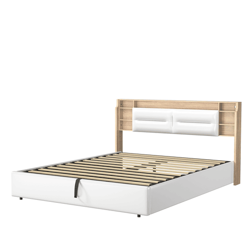 Cama de casal, 160x200 cm, LED, com função de arrumação inclui estrado de ripas e espaço de arrumação cor branca Cama de casal, 160x200 cm, LED, com função de arrumação inclui estrado de ripas e espaço de arrumação cor branca