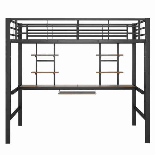 Cama alta 140 x 200 cm u2013 secretária e 2 estantes u2013 Preto