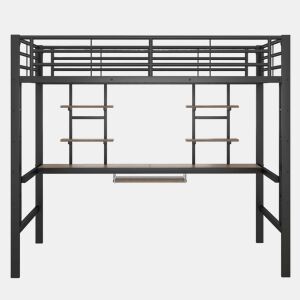 Cama alta 140 x 200 cm u2013 secretária e 2 estantes u2013 Preto