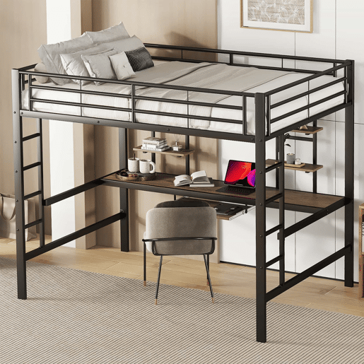 Cama alta 140 x 200 cm u2013 secretária e 2 estantes u2013 Preto
