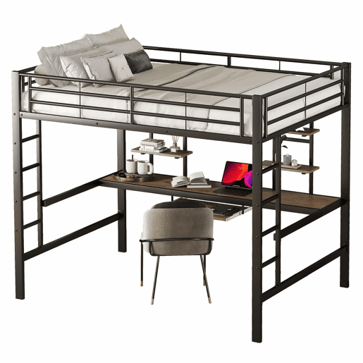 Cama alta 140 x 200 cm u2013 secretária e 2 estantes u2013 Preto