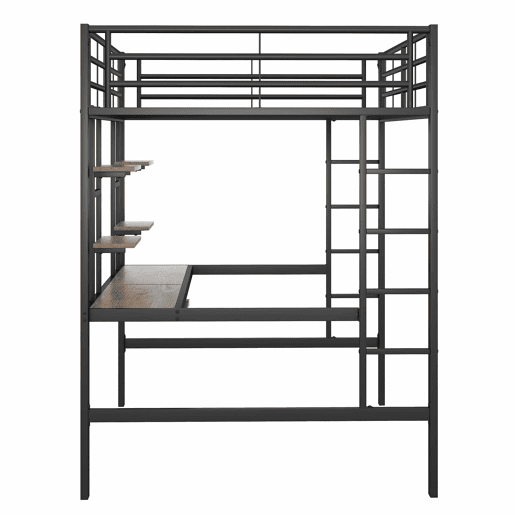 Cama alta 140 x 200 cm u2013 secretária e 2 estantes u2013 Preto