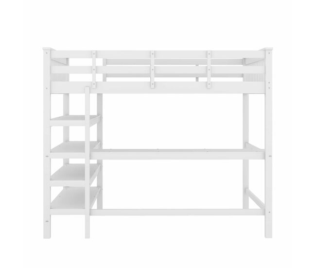 Cama alta infantil 140 x 200 cm – compartimentos y escritorio integrado, sin colchón – blanco