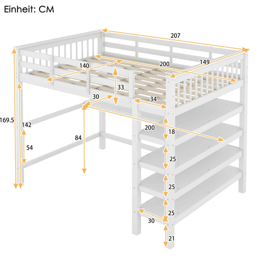 Cama alta infantil 140 x 200 cm u2013 com arrumos e secretária integrada, sem colchão u2013 Branco Cama alta infantil 140 x 200 cm u2013 com arrumos e secretária integrada, sem colchão u2013 Branco