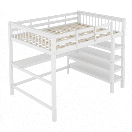 Cama alta infantil 140 x 200 cm u2013 com arrumos e secretária integrada, sem colchão u2013 Branco Cama alta infantil 140 x 200 cm u2013 com arrumos e secretária integrada, sem colchão u2013 Branco