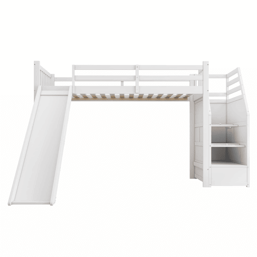 Cama alta infantil 90 x 200 cm u2013 escada ajustável, escorrega e grade removível, sem colchão u2013 Branco