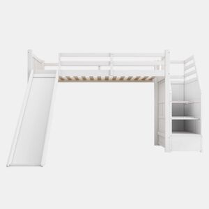 Cama alta infantil 90 x 200 cm u2013 escada ajustável, escorrega e grade removível, sem colchão u2013 Branco