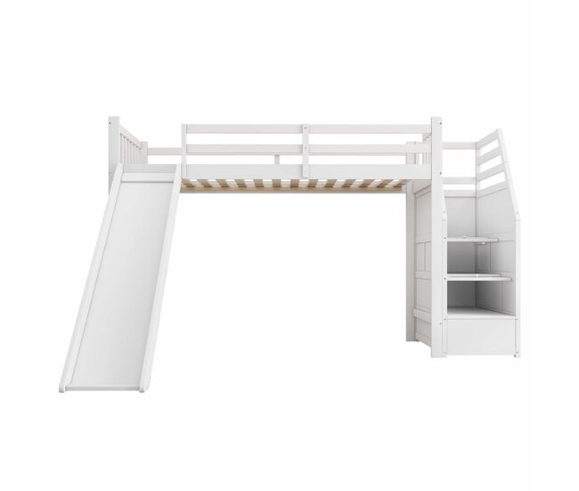 Cama alta infantil 90 x 200 cm – escalera ajustable, tobogán y barandilla desmontable, sin colchón – blanco