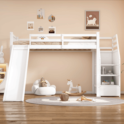 Cama alta infantil 90 x 200 cm u2013 escada ajustável, escorrega e grade removível, sem colchão u2013 Branco