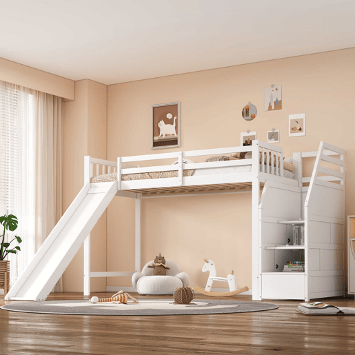 Cama alta infantil 90 x 200 cm u2013 escada ajustável, escorrega e grade removível, sem colchão u2013 Branco