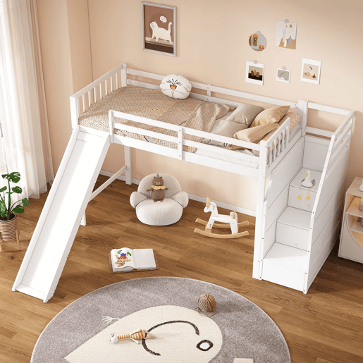 Cama alta infantil 90 x 200 cm u2013 escada ajustável, escorrega e grade removível, sem colchão u2013 Branco