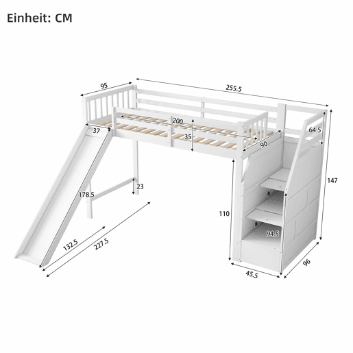 Cama alta infantil 90 x 200 cm u2013 escada ajustável, escorrega e grade removível, sem colchão u2013 Branco
