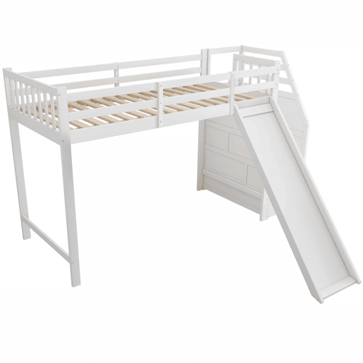 Cama alta infantil 90 x 200 cm u2013 escada ajustável, escorrega e grade removível, sem colchão u2013 Branco