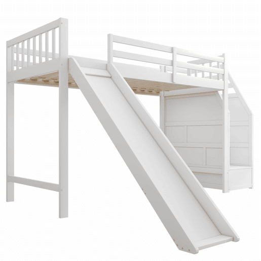Cama alta infantil 90 x 200 cm u2013 escada ajustável, escorrega e grade removível, sem colchão u2013 Branco