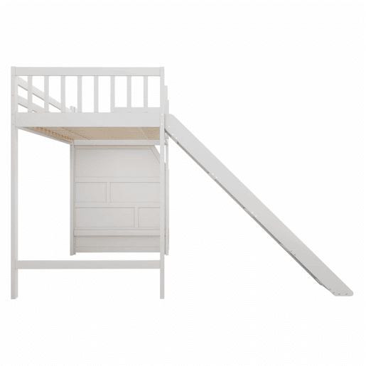 Cama alta infantil 90 x 200 cm u2013 escada ajustável, escorrega e grade removível, sem colchão u2013 Branco