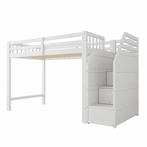 Cama alta 90 x 200 cm u2013 base, grade de proteção e degraus com espaço de arrumação, sem colchão u2013 Branco Cama alta 90 x 200 cm u2013 base, grade de proteção e degraus com espaço de arrumação, sem colchão u2013 Branco
