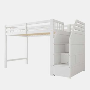 Cama alta 90 x 200 cm u2013 base, grade de proteção e degraus com espaço de arrumação, sem colchão u2013 Branco