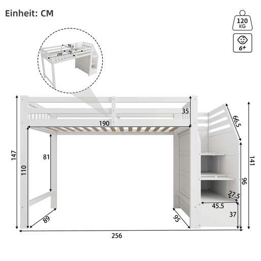 Cama alta 90 x 200 cm u2013 base, grade de proteção e degraus com espaço de arrumação, sem colchão u2013 Branco Cama alta 90 x 200 cm u2013 base, grade de proteção e degraus com espaço de arrumação, sem colchão u2013 Branco