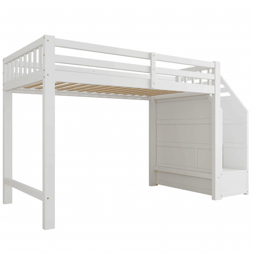 Cama alta 90 x 200 cm u2013 base, grade de proteção e degraus com espaço de arrumação, sem colchão u2013 Branco Cama alta 90 x 200 cm u2013 base, grade de proteção e degraus com espaço de arrumação, sem colchão u2013 Branco