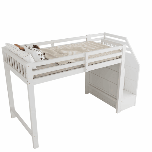 Cama alta 90 x 200 cm u2013 base, grade de proteção e degraus com espaço de arrumação, sem colchão u2013 Branco Cama alta 90 x 200 cm u2013 base, grade de proteção e degraus com espaço de arrumação, sem colchão u2013 Branco