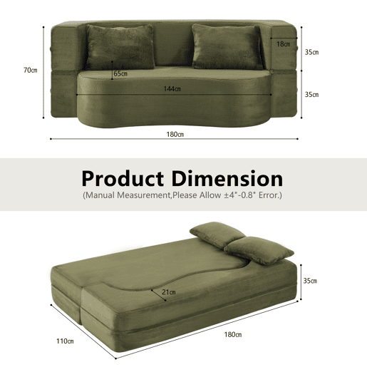 Sofá-cama de 2 lugares - dobrável, futon comprimido, sem montagem - verde