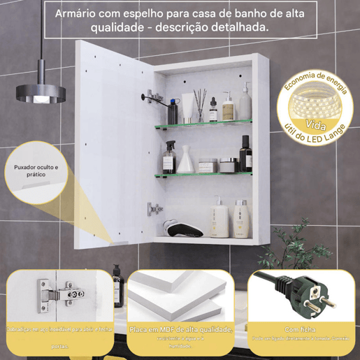 Espelho de casa de banho de 50x70 cm com iluminação LED, espelho de parede para casas de banho, design moderno Espelho de casa de banho de 50x70 cm com iluminação LED, espelho de parede para casas de banho, design moderno