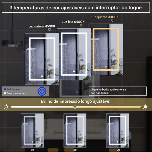 Espelho de casa de banho de 50x70 cm com iluminação LED, espelho de parede para casas de banho, design moderno Espelho de casa de banho de 50x70 cm com iluminação LED, espelho de parede para casas de banho, design moderno