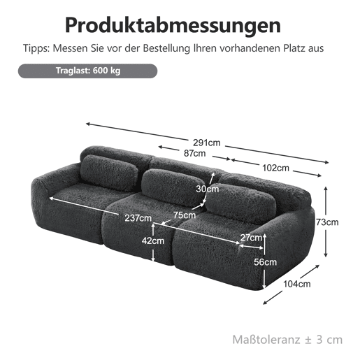 Sofá modular profundo de 3 lugares - plush premium, sem montagem, antiderrapante - cinzento Sofá modular profundo de 3 lugares - plush premium, sem montagem, antiderrapante - cinzento